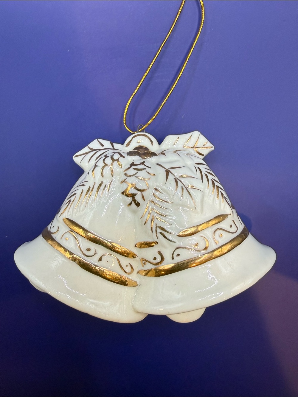 Vintage Ceramic Christmas Bell Ornament 24 Kt Gold Accents MCM